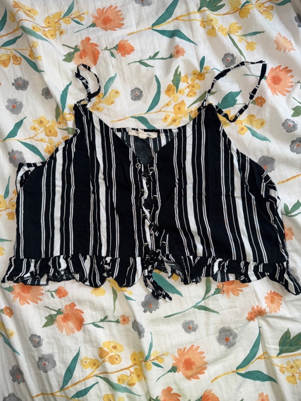 Striped Black & White Tie-Front Crop Cami